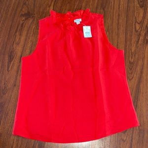 NWOT J Crew red sleeveless top with neck ruffles and button back closure size M